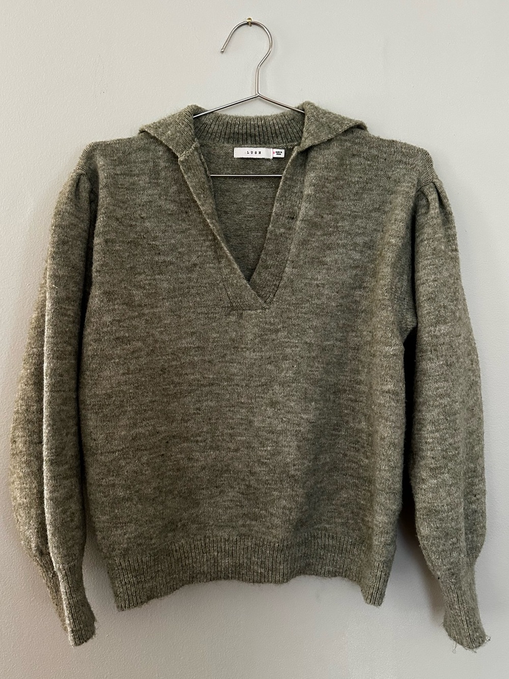 LUSH Pistachio Green Collared V-Neck Wool Blend Sweater M